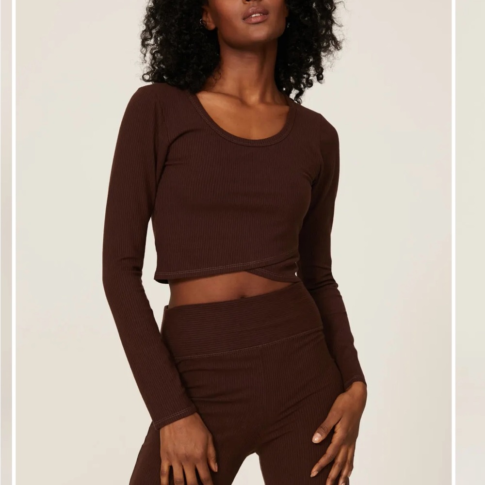 Year of Ours Chocolate Long Sleeve Crop Top and Wide Leg Pant Set